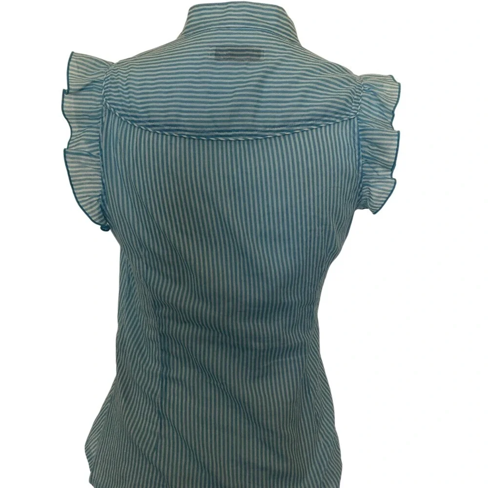 Zara Striped Ruffle Blouse Womens Small Teal‎ White Sleeveless Button Up - Picture 6 of 10